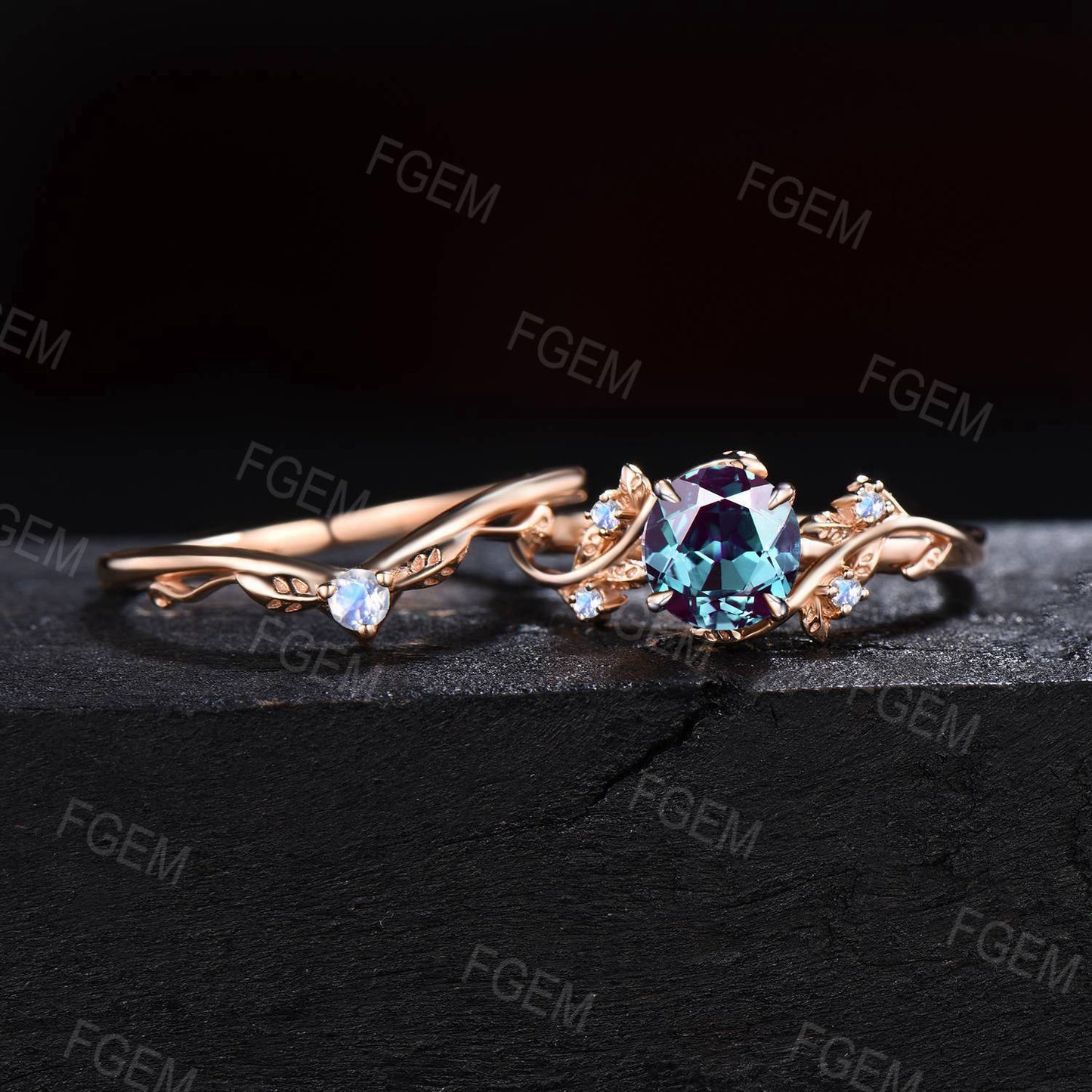 1ct Round Color-Change Alexandrite Engagement Ring Solid Gold Branch Vine Moonstone Bridal Set Leaves Ring Set June Birthstone Jewelry Gifts