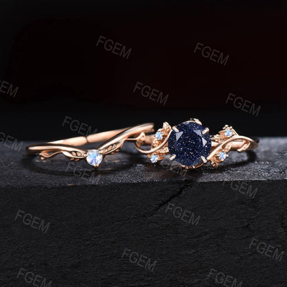 1ct Round Galaxy Blue Sandstone Engagement Ring Branch Vine Moonstone Bridal Set 14K Gold Blue Goldstone Ring Set Leaves Ring Proposal Gift