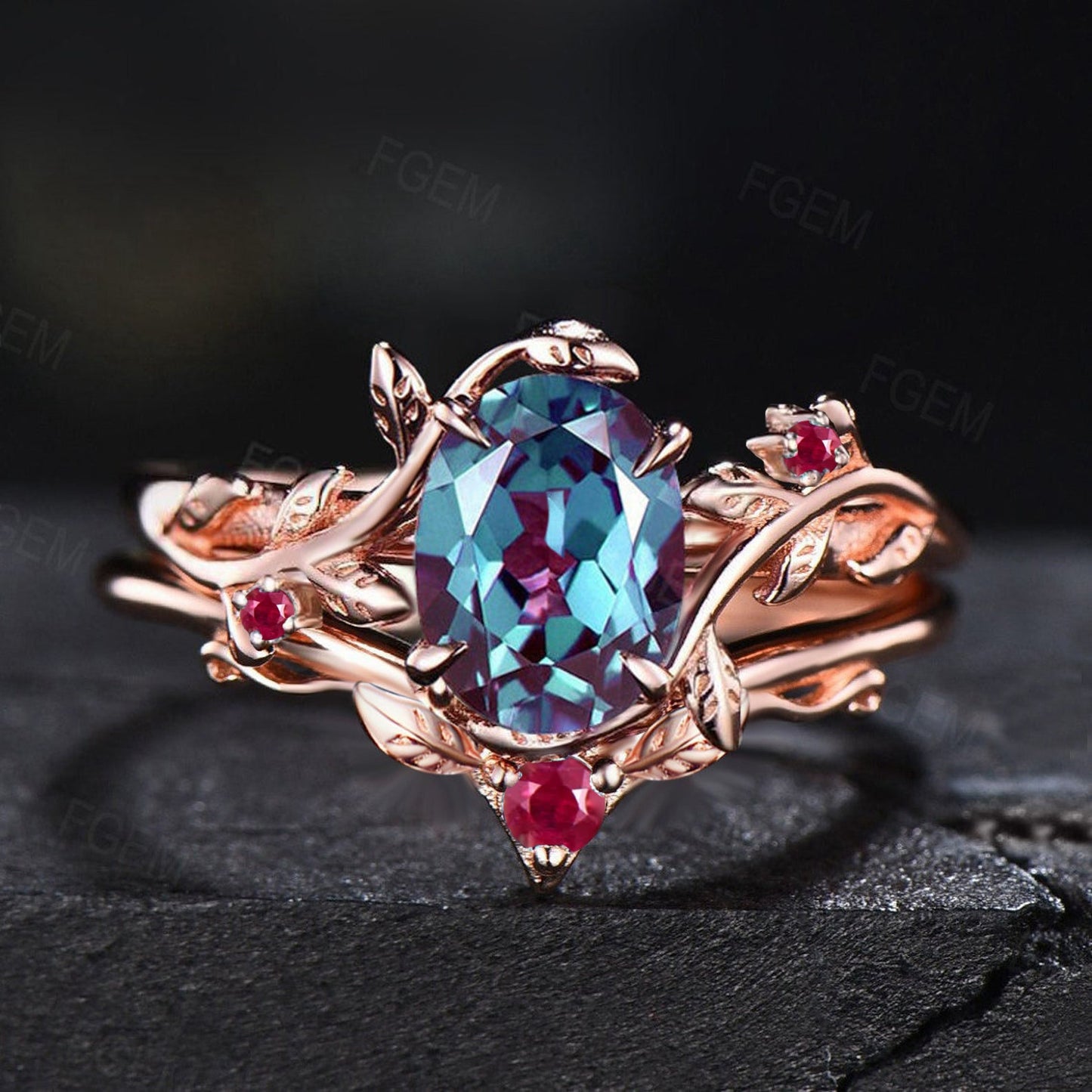 Branch Nature Alexandrite Ring Set 1.5ct Oval Cut Color-Change Alexandrite Engagement Ring June Birthstone Wedding Ring Twig Leaf Bridal Set