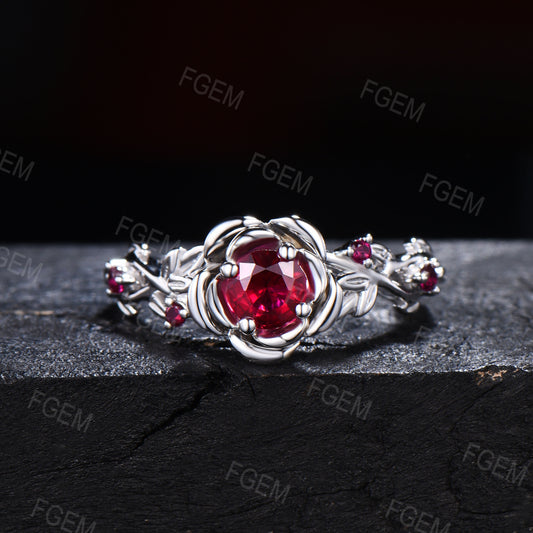 5mm Round Ruby Engagement Ring 14K White Gold Twig Leaf Rose Flower Red Ruby Engagement Rings Anniversary Ring Women July Birthstone Gifts