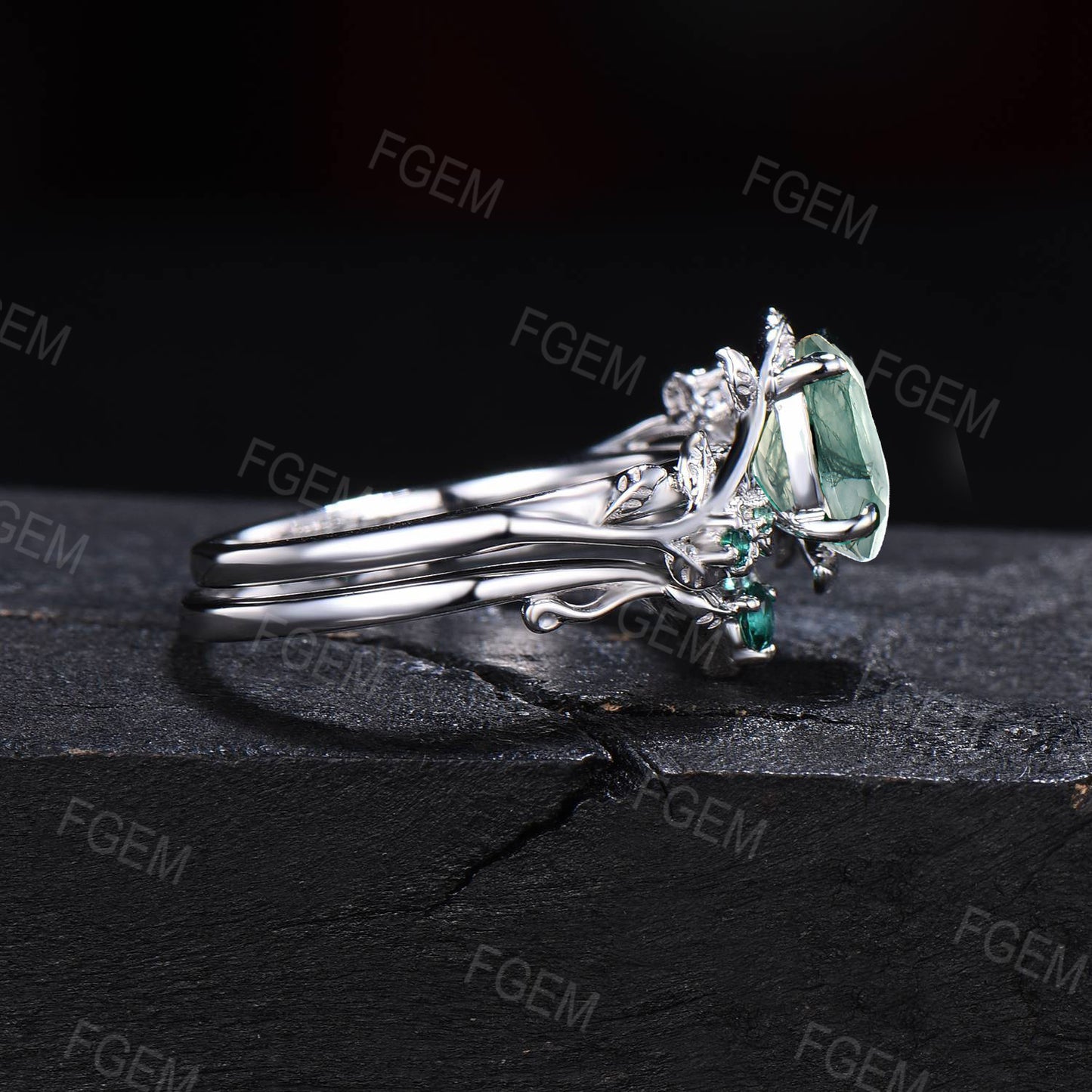 1.5mm Oval Cut Nature Inspired Natural Green Moss Agate Emerald Engagement Ring Set 14K Rose Gold Moss Agate Leaf Branch Floral Wedding Ring