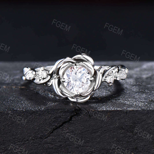 Rose Flower Engagement Ring Round Moissanite Diamond Ring 14K Rose Gold Nature Inspired Floral Moissanite Jewelry Twisted Leaf Wedding Ring