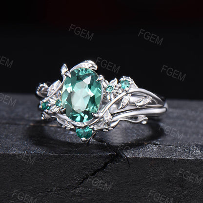 Nature Inspired Green Sapphire Emerald Floral Ring Set 1.5CT Oval Green Blue Montana Teal Sapphire Branch Engagement Ring Anniversary Gifts