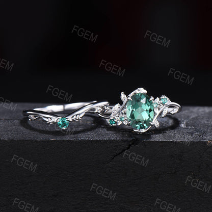 Nature Inspired Green Sapphire Emerald Floral Ring Set 1.5CT Oval Green Blue Montana Teal Sapphire Branch Engagement Ring Anniversary Gifts
