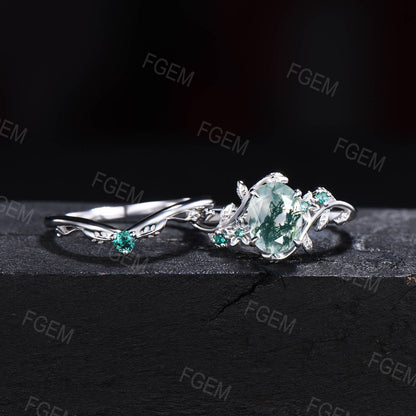 1.5mm Oval Cut Nature Inspired Natural Green Moss Agate Emerald Engagement Ring Set 14K Rose Gold Moss Agate Leaf Branch Floral Wedding Ring