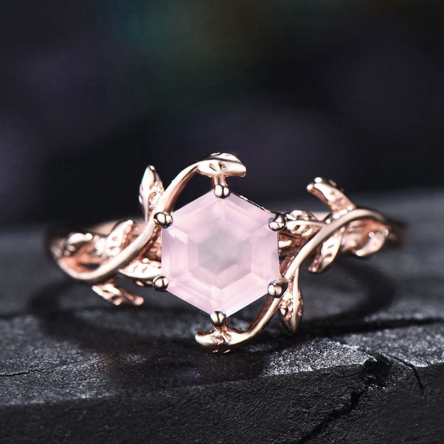1ct Round Cut Natural Pink Rose Quartz Ring Rose Gold Simple Engagement Rings Leaf Solitaire Ring Heal Crystal Ring Natural Stone Ring Gift