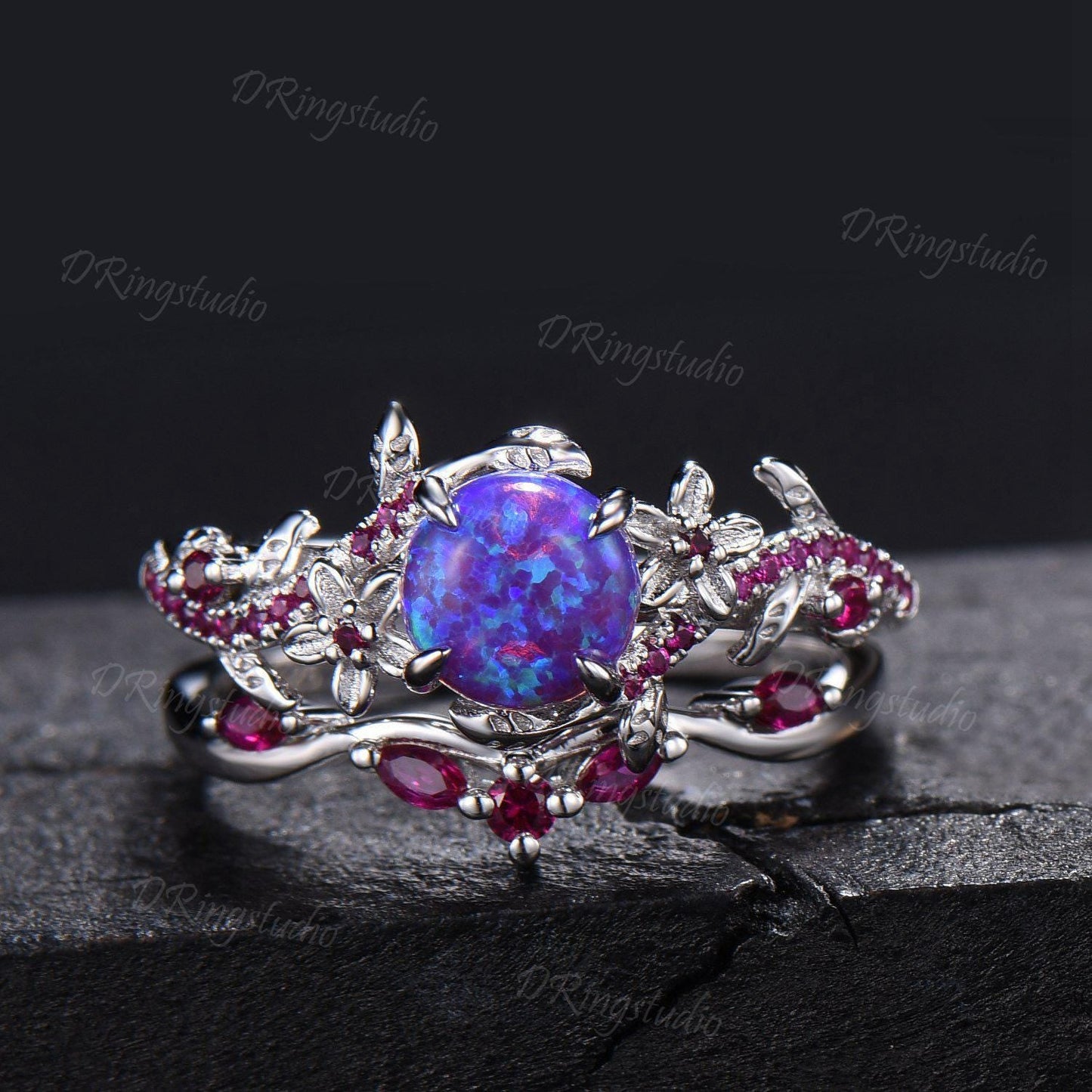 1ct Round Cut Lavender Opal Engagement Ring Set Vintage Black Gold Wedding Ring Leaf Flower Purple Opal Ring with Ruby