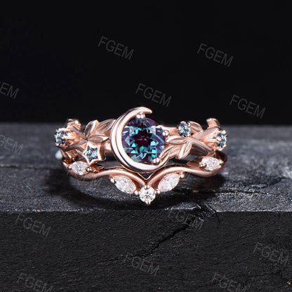 Nature Inspired Branch Leaf Round Color-Change Alexandrite Engagement Ring Set June Birthstone Promise Gift Moon Star Design Moissanite Wedding Rings