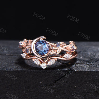 Nature Inspired Branch Leaf Round Color-Change Alexandrite Engagement Ring Set June Birthstone Promise Gift Moon Star Design Moissanite Wedding Rings