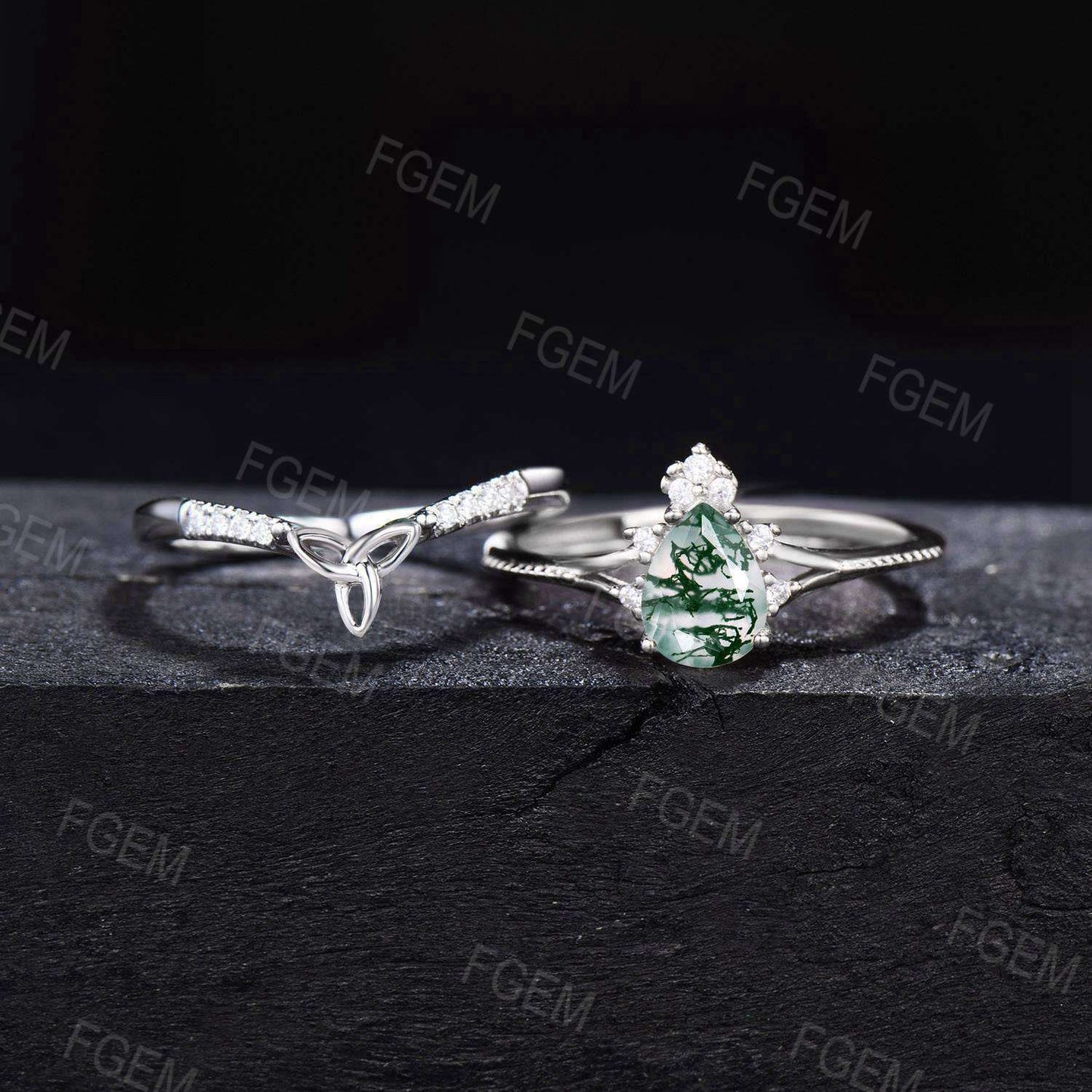 Teardrop Natural Moss Agate Engagement Ring Set Green Moss Split Bridal Set Trinity Knot Moissanite Cluster Wedding Ring Proposal Women Gift