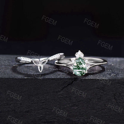 Teardrop Natural Moss Agate Engagement Ring Set Green Moss Split Bridal Set Trinity Knot Moissanite Cluster Wedding Ring Proposal Women Gift