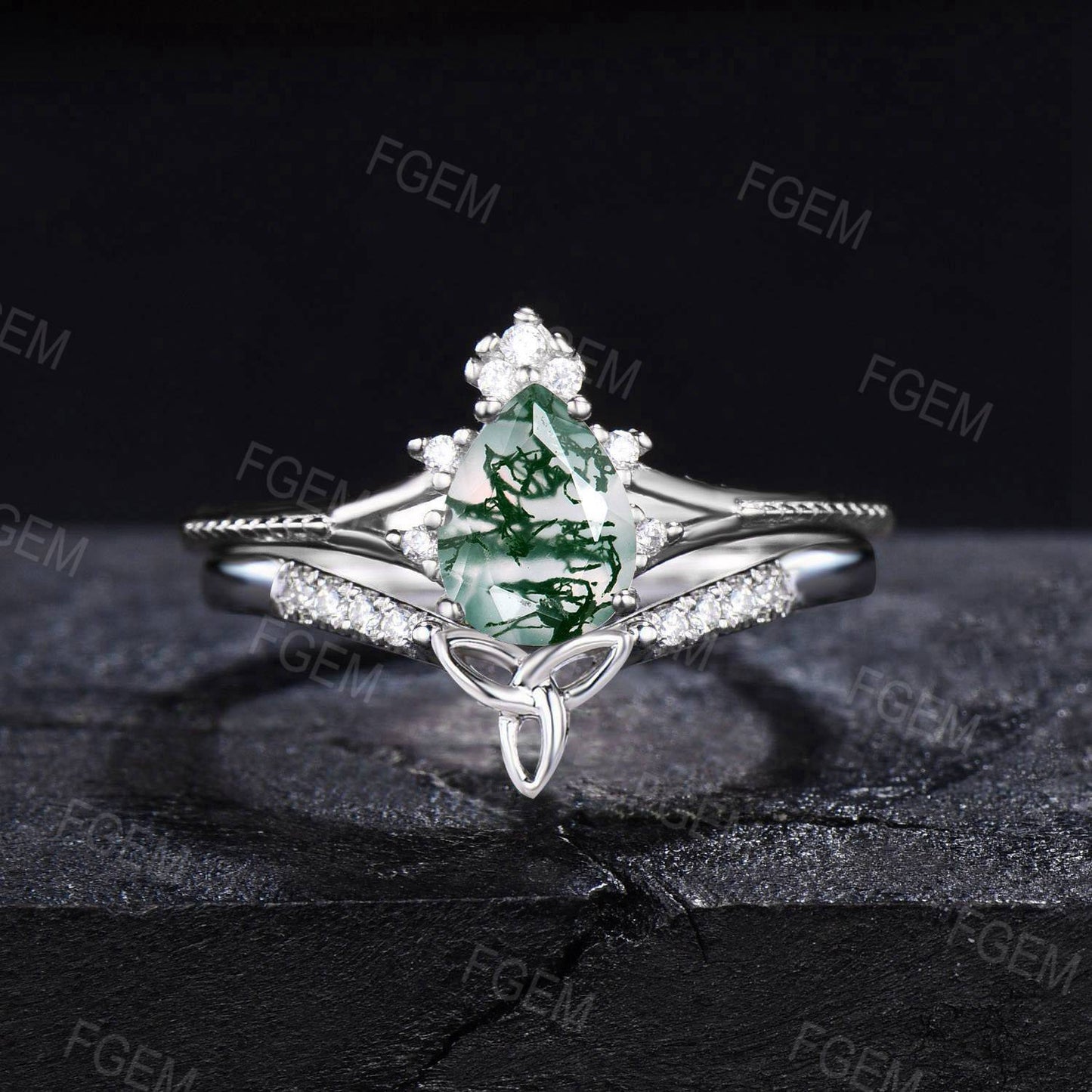 Teardrop Natural Moss Agate Engagement Ring Set Green Moss Split Bridal Set Trinity Knot Moissanite Cluster Wedding Ring Proposal Women Gift