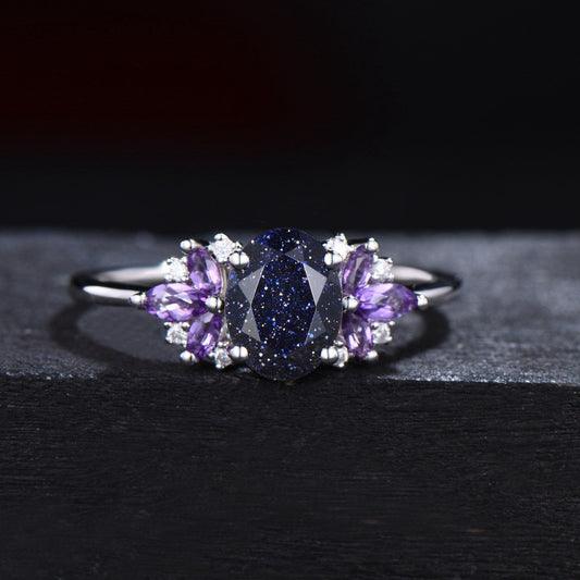 1.5ct Oval Galaxy Starry Sky Blue Sandstone Cluster Engagement Rings Purple Amethyst Ring Unique Handmade Proposal Anniversary Gifts Women