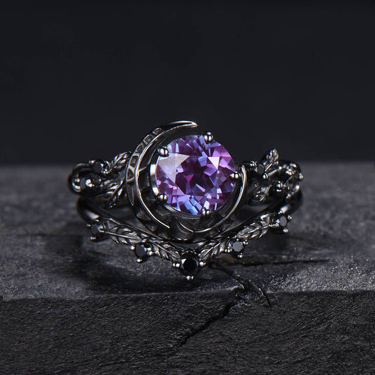 Gothic Black Galaxy Moon Alexandrite Engagement Ring Black Gold Nature Inspired Leaves Ring 1ct Round Alexandrite Wedding Ring Proposal Gift