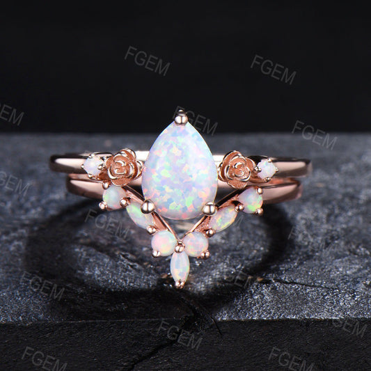 October Birthstone Engagement Ring Set 1.25ct Pear Shaped Nature Inspired Twist White Opal Bridal Set Marquise Natural Amethyst Wedding Ring (Copy)