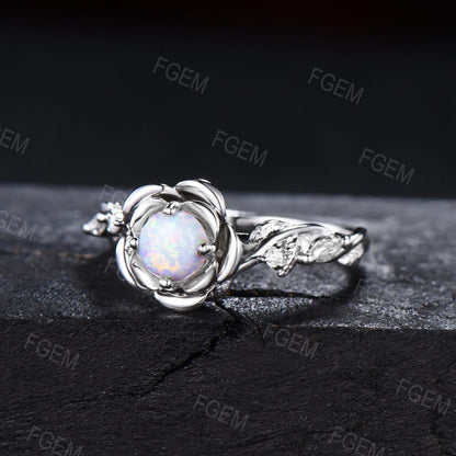 Rose Flower Engagement Ring Opal Round Cut Floral White Opal Ring 14K Rose Gold Nature Inspired Opal Wedding Ring Twist Leaf Moissanite Ring