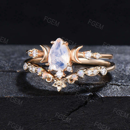 Vintage Teardrop Moonstone Ring Set Celestial Natural Moonstone Engagement Ring 14K Gold Floral Bridal Ring Crescent Moon Moissanite Ring