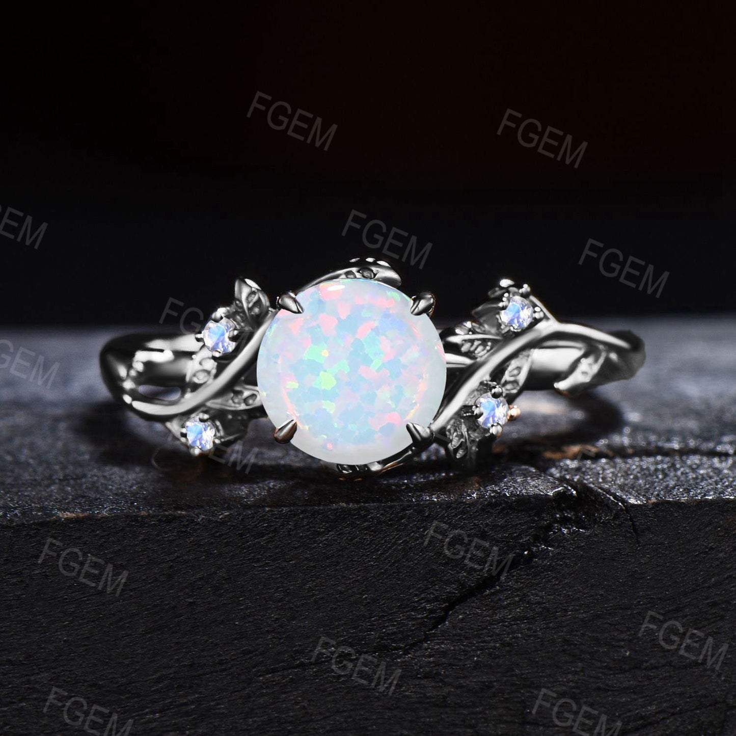 Black Gold White Opal Engagement Ring Set Branch Leaf Moonstone Wedding Ring 6.5mm Round Cut Opal Bridal Set October Birthstone Propose Gift