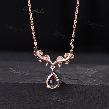 Nature Inspired Color-Change Alexandrite Drop Necklace Pear Teardrop Gemstone Wedding Necklace Vine Branch Solitaire Necklace Proposal Gifts