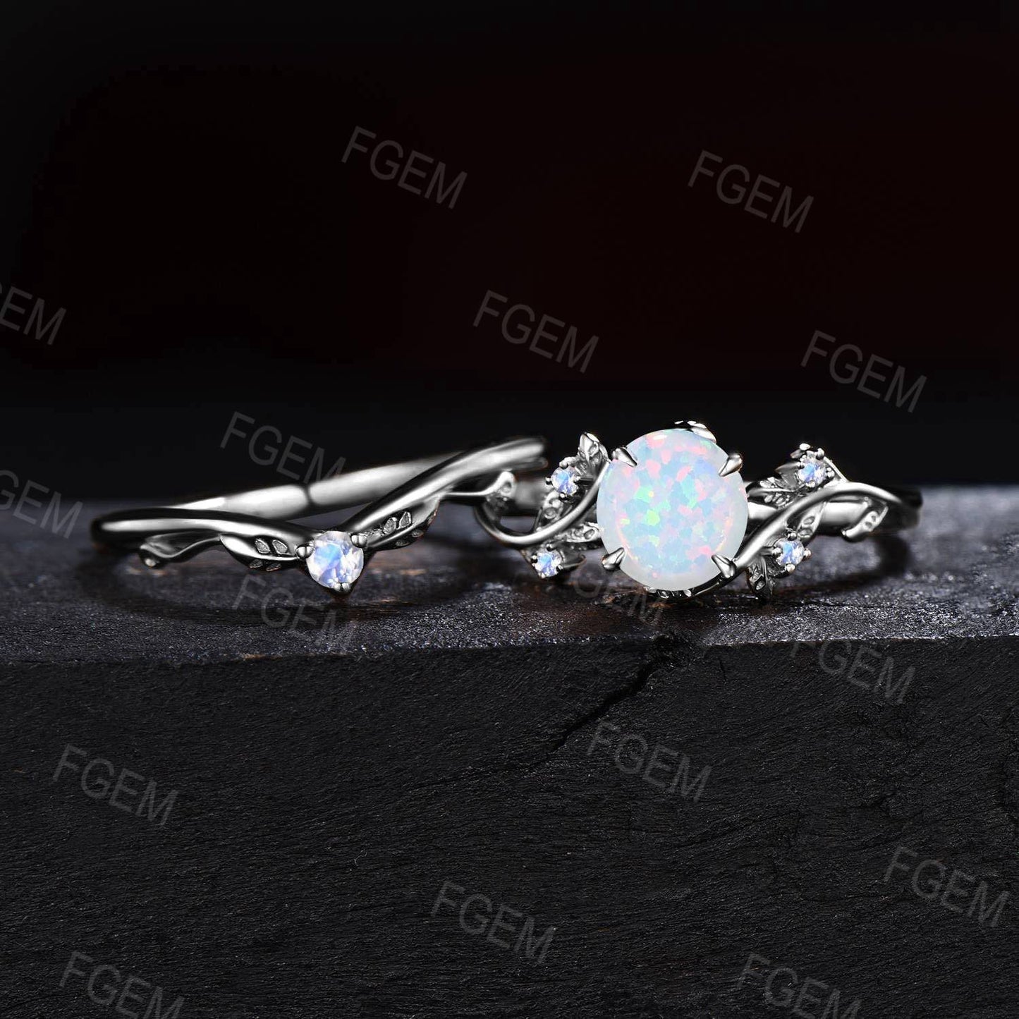 Black Gold White Opal Engagement Ring Set Branch Leaf Moonstone Wedding Ring 6.5mm Round Cut Opal Bridal Set October Birthstone Propose Gift