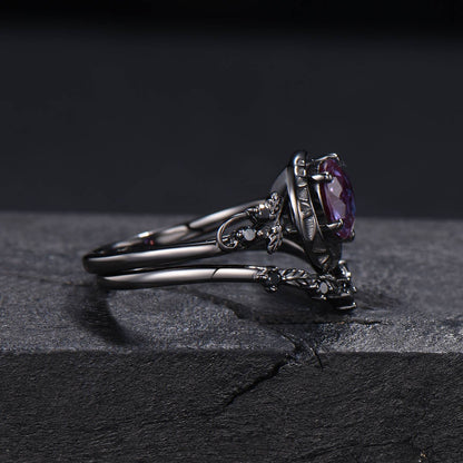 2ct Round Cut Alexandrite Engagement Ring Gothic Black Moon Promise Wedding Ring Set Black Gold Leaf Ring 2pcs Bridal Ring Set Proposal Gift