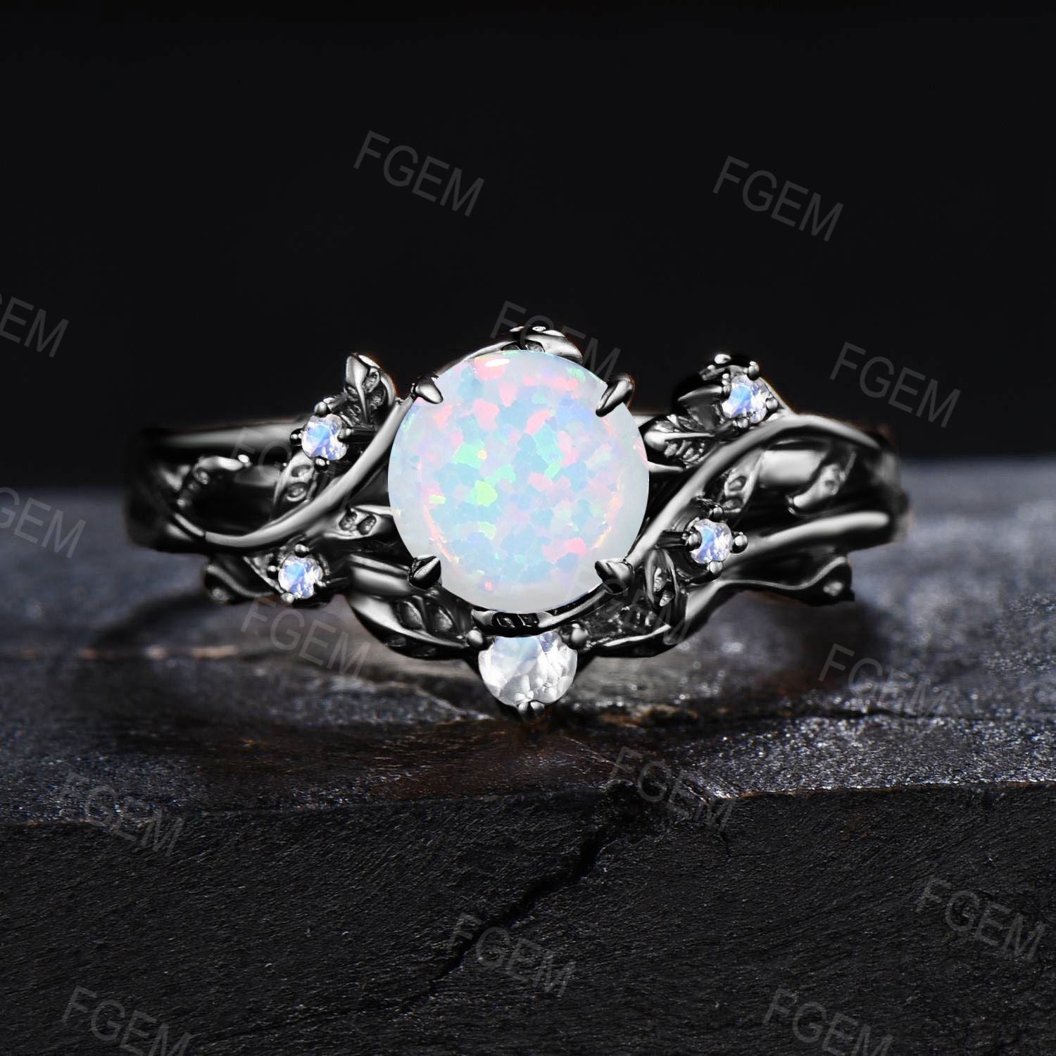 Antique Black Opal Engagement Ring, Unique 14k Solid Gold Black Opal Bridal Wedding Rings for women Twisted leaf shank Ring buy Gift for Mother