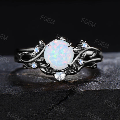 Black Gold White Opal Engagement Ring Set Branch Leaf Moonstone Wedding Ring 6.5mm Round Cut Opal Bridal Set October Birthstone Propose Gift