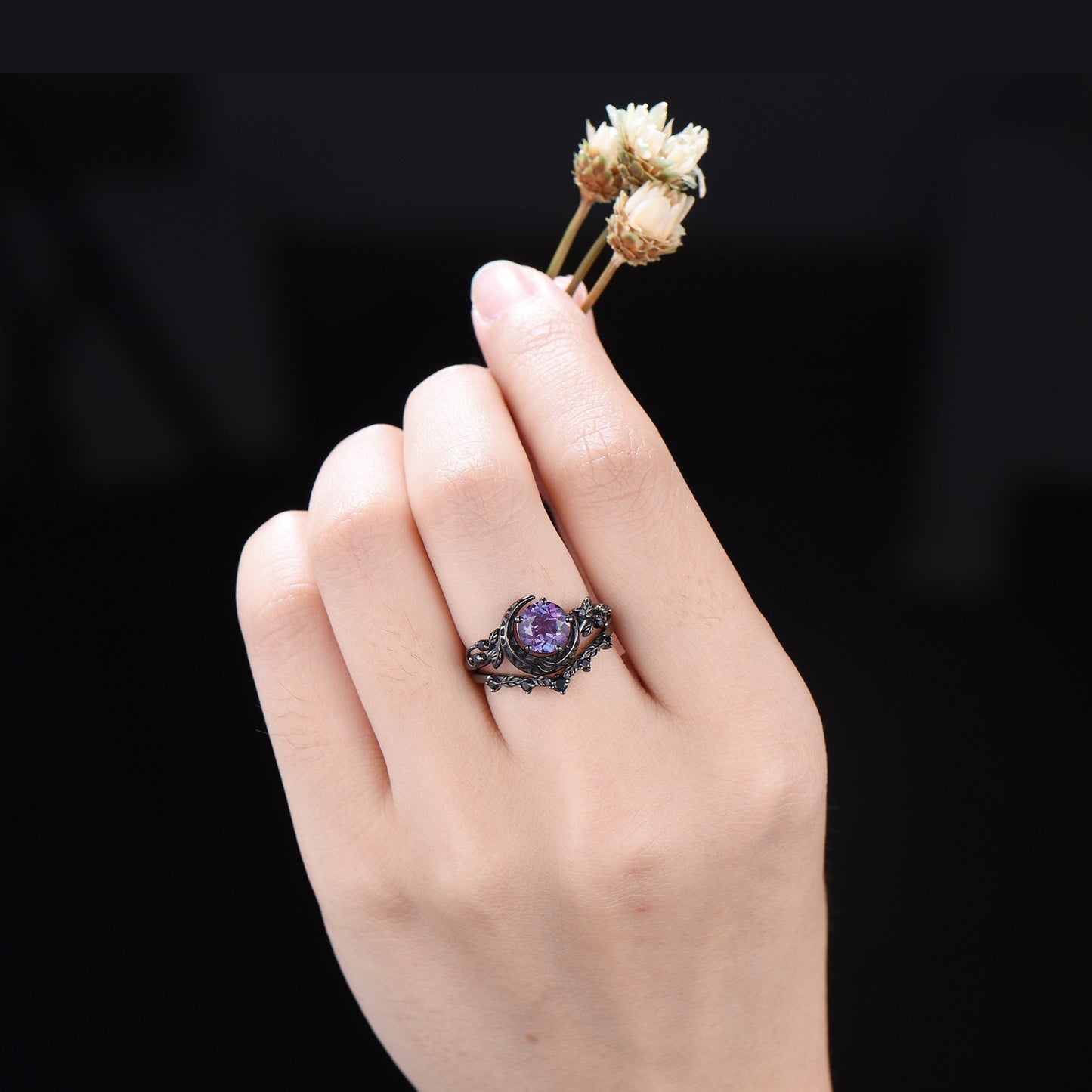Gothic Black Galaxy Moon Alexandrite Engagement Ring Black Gold Nature Inspired Leaves Ring 1ct Round Alexandrite Wedding Ring Proposal Gift