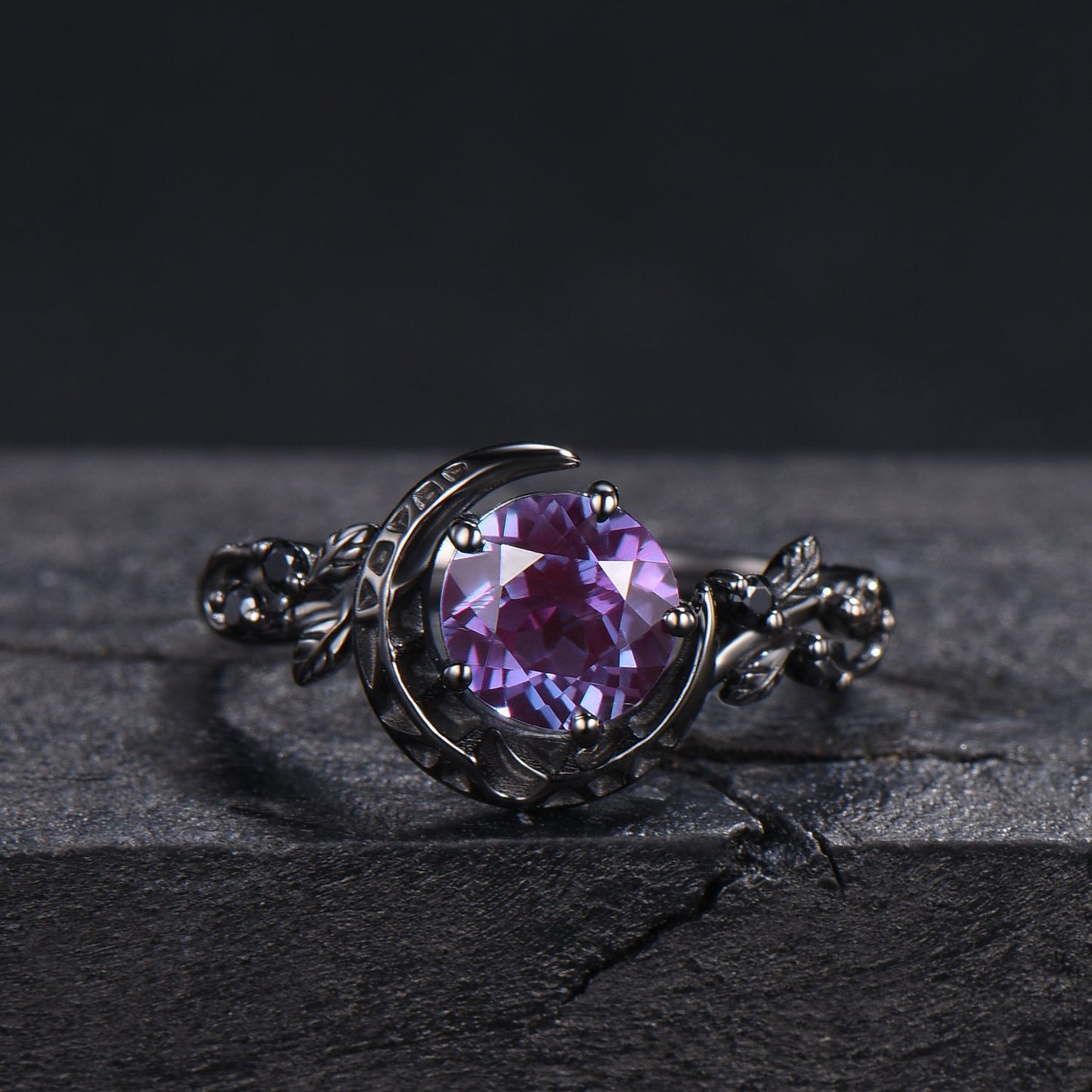 Gothic Black Galaxy Moon Alexandrite Engagement Ring Black Gold Nature Inspired Leaves Ring 1ct Round Alexandrite Wedding Ring Proposal Gift