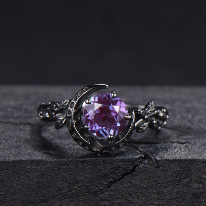 Gothic Black Galaxy Moon Alexandrite Engagement Ring Black Gold Nature Inspired Leaves Ring 1ct Round Alexandrite Wedding Ring Proposal Gift