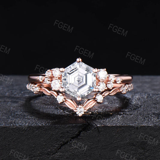 Hexagon Moissanite Engagement Ring Set Vintage Moissanite Snowdrift Cluster Bridal Set Colorless Gemstone Ring Leaves Ring Proposal Gift