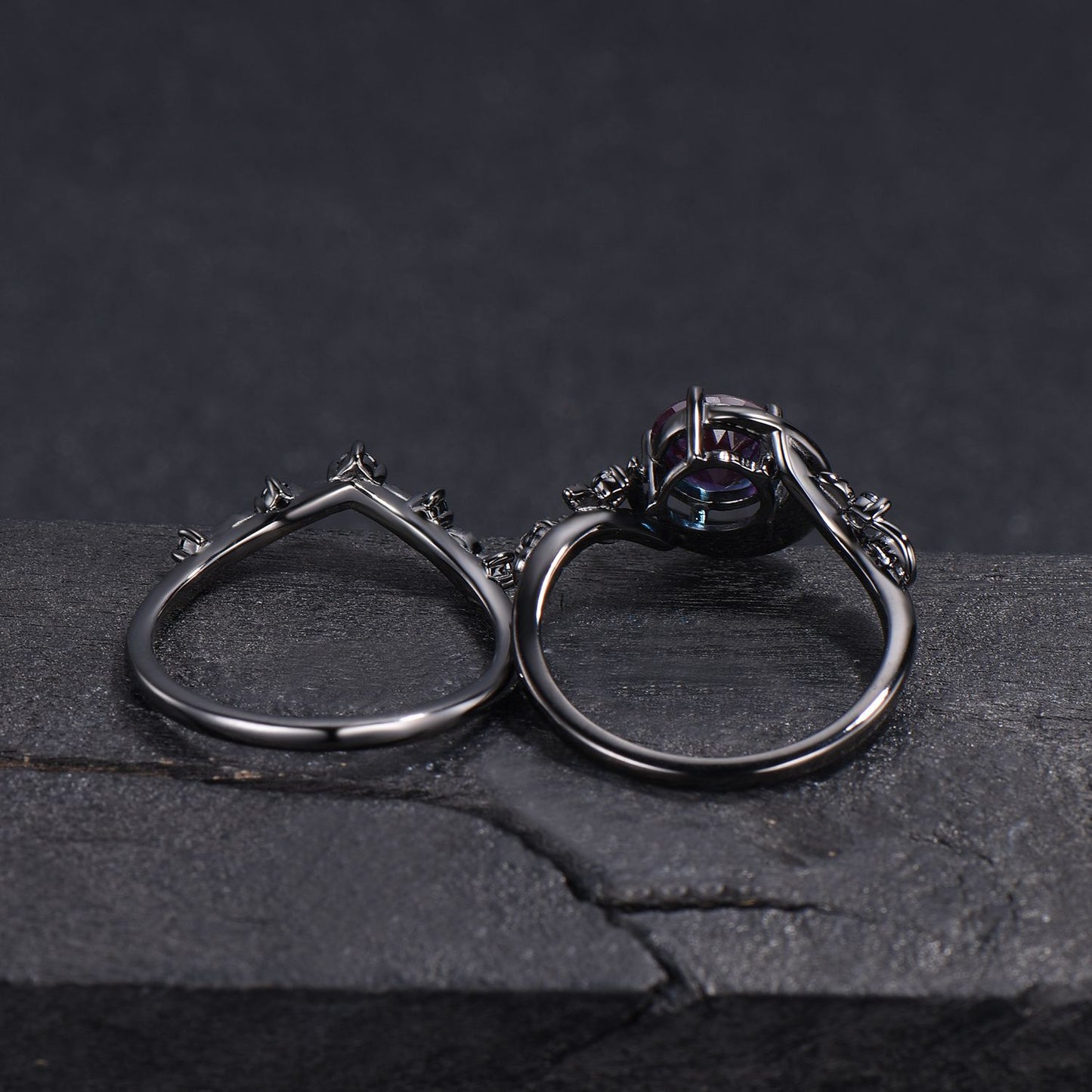 Gothic Black Galaxy Moon Alexandrite Engagement Ring Black Gold Nature Inspired Leaves Ring 1ct Round Alexandrite Wedding Ring Proposal Gift