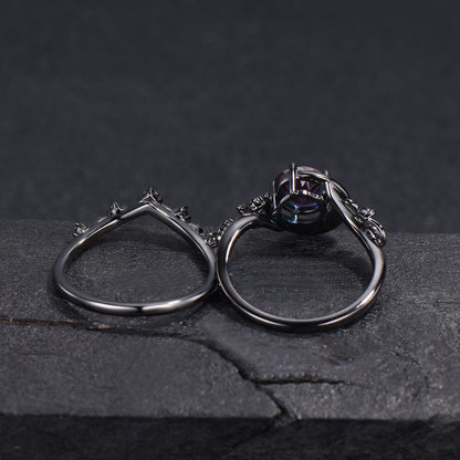 2ct Round Cut Alexandrite Engagement Ring Gothic Black Moon Promise Wedding Ring Set Black Gold Leaf Ring 2pcs Bridal Ring Set Proposal Gift