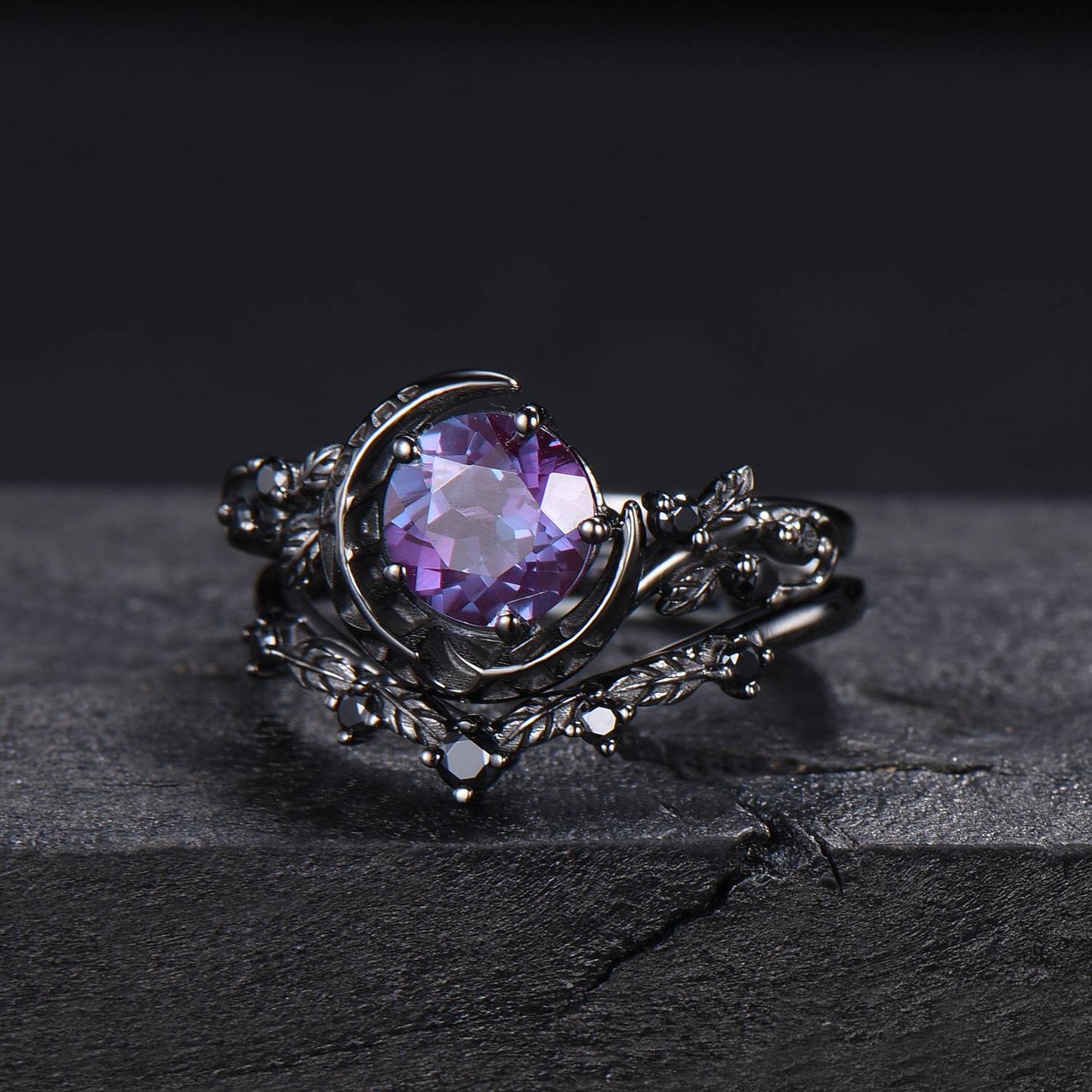 Gothic Black Galaxy Moon Alexandrite Engagement Ring Black Gold Nature Inspired Leaves Ring 1ct Round Alexandrite Wedding Ring Proposal Gift