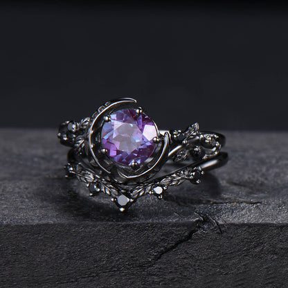 Gothic Black Galaxy Moon Alexandrite Engagement Ring Black Gold Nature Inspired Leaves Ring 1ct Round Alexandrite Wedding Ring Proposal Gift
