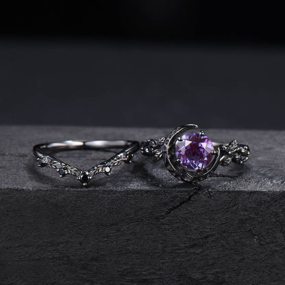 Gothic Black Galaxy Moon Alexandrite Engagement Ring Black Gold Nature Inspired Leaves Ring 1ct Round Alexandrite Wedding Ring Proposal Gift