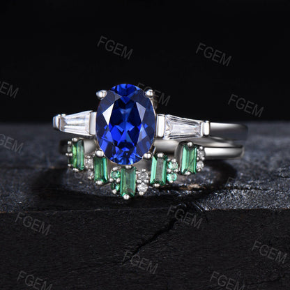 Oval Blue Sapphire Engagement Ring Set Unique Baguette Emerald Wedding Ring Blue Gemstone Ring September Birthstone Jewelry Proposal Gift