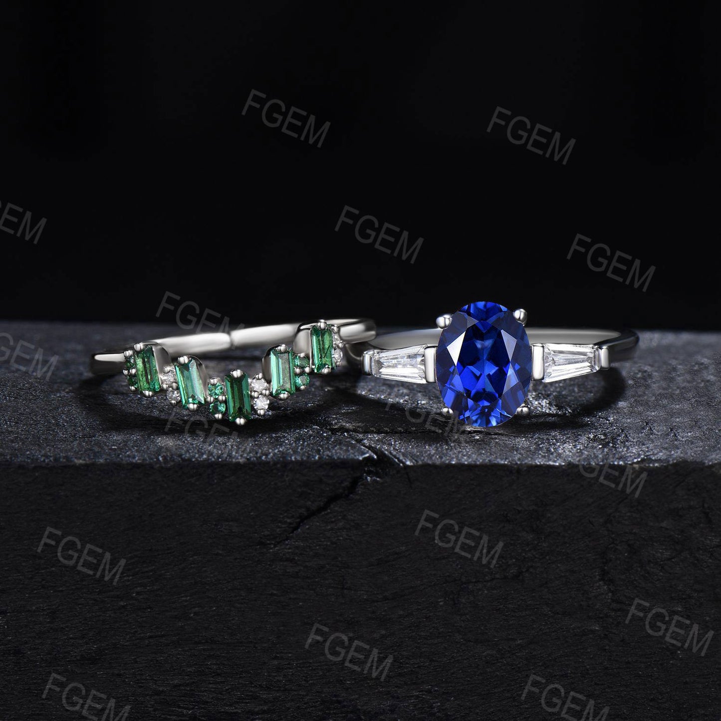 Oval Blue Sapphire Engagement Ring Set Unique Baguette Emerald Wedding Ring Blue Gemstone Ring September Birthstone Jewelry Proposal Gift