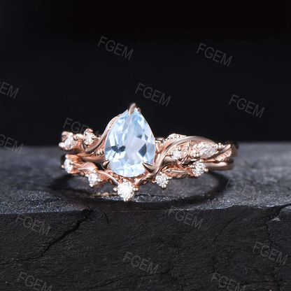 Nature Inspired Natural Aquamarine Moissanite Bridal Set 14K Rose Gold Pear Shaped Blue Aquamarine Branch Wedding Ring March Birthstone Gift