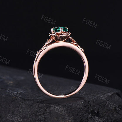 Rose Flower Engagement Ring Round Cut Green Emerald Wedding Ring 10K Rose Gold Floral Ring Nature Inspired Leaf Emerald Ring Promise Gift