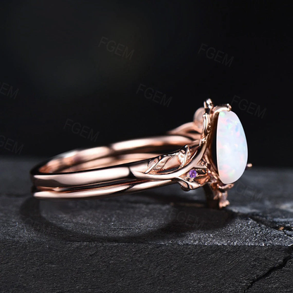 Nature Inspired White Opal Engagement Ring Set Vintage 1.25ct Pear Shaped Unique Branch Design Lab Opal Ring Leaf Amethyst Wedding Ring Set