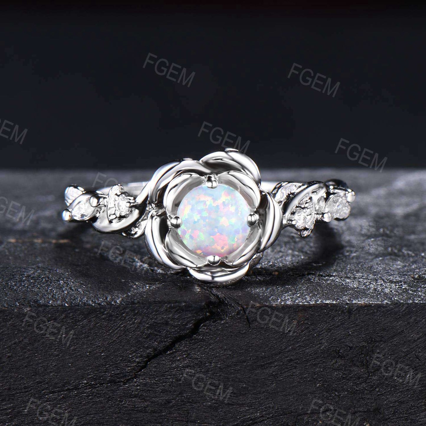 Rose Flower Opal Engagement Ring Set 5mm Round Opal Bridal Set White Gold Floral Ring Nature Inspired Entangled Vine Ring Women Gift