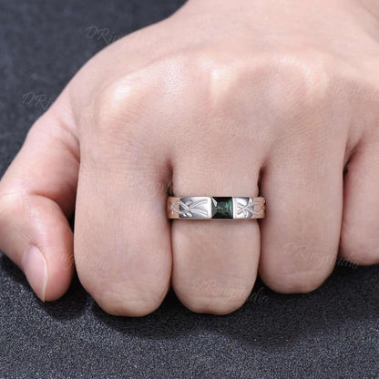 Natural Green Tourmaline Mens Engagement Ring White Gold Princess Cut Infinity Knot Mens Wedding Band Solitaire October Birthstone Men Ring