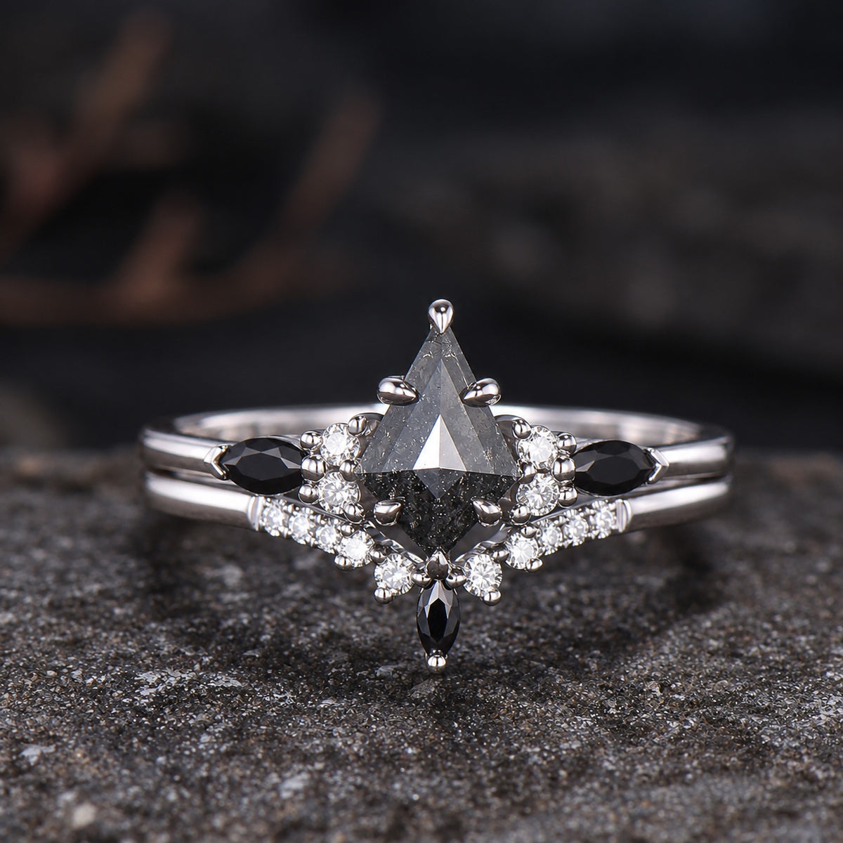 Natural Salt And Pepper Diamond Kite Cut Engagement Ring Set, Black Spinel Wedding Set, 14k White Gold Bridal Set, Gothic Ring For Women