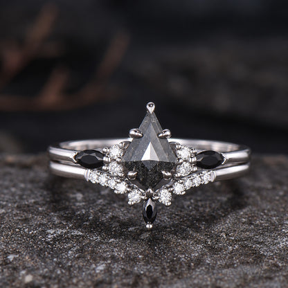 Natural Salt And Pepper Diamond Kite Cut Engagement Ring Set, Black Spinel Wedding Set, 14k White Gold Bridal Set, Gothic Ring For Women