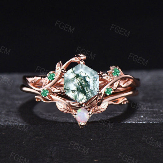 1ct Hexagon Cut Natural Moss Agate Leaf Wedding Ring Set 14k Rose Gold Vintage Branch Emerald Opal Bridal Set Unique Promise Gifts