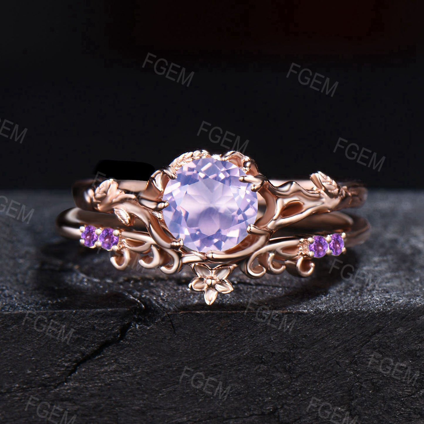 Twig Leaf Natural Lavender Amethyst Engagement Ring Rose Gold Floral Amethyst Wedding Ring Branch Textured Purple Crystal Ring Proposal Gift