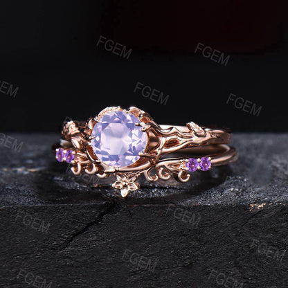 Twig Leaf Natural Lavender Amethyst Engagement Ring Rose Gold Floral Amethyst Wedding Ring Branch Textured Purple Crystal Ring Proposal Gift