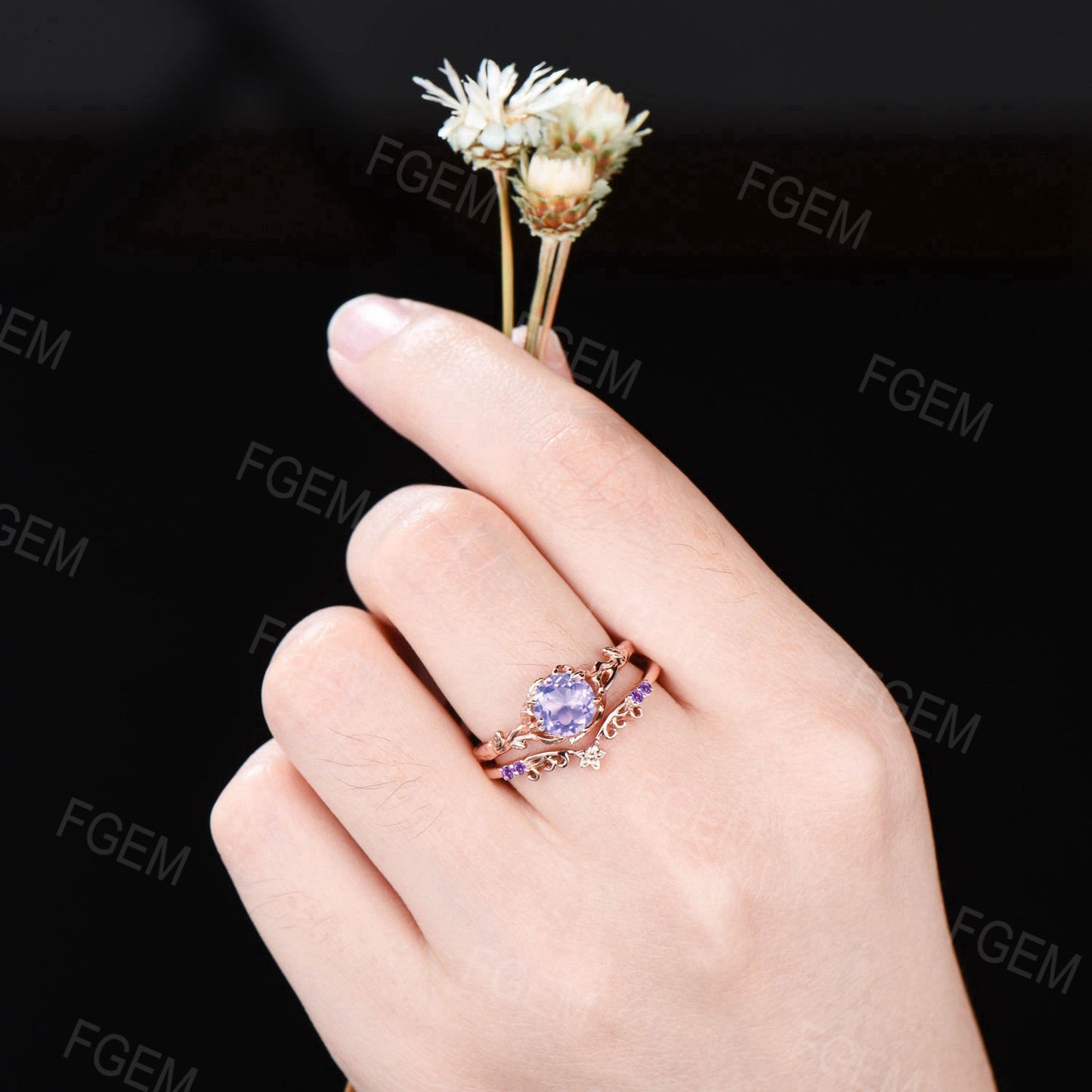 Twig Leaf Natural Lavender Amethyst Engagement Ring Rose Gold Floral Amethyst Wedding Ring Branch Textured Purple Crystal Ring Proposal Gift