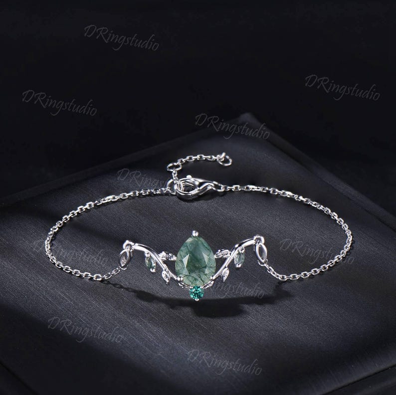 Rose Gold Branch Leaf Bracelet Nature Inspired Wedding Bracelet Pear Shaped Natural Moss Agate Bracelet Boho Bridal Jewelry Proposal Gift